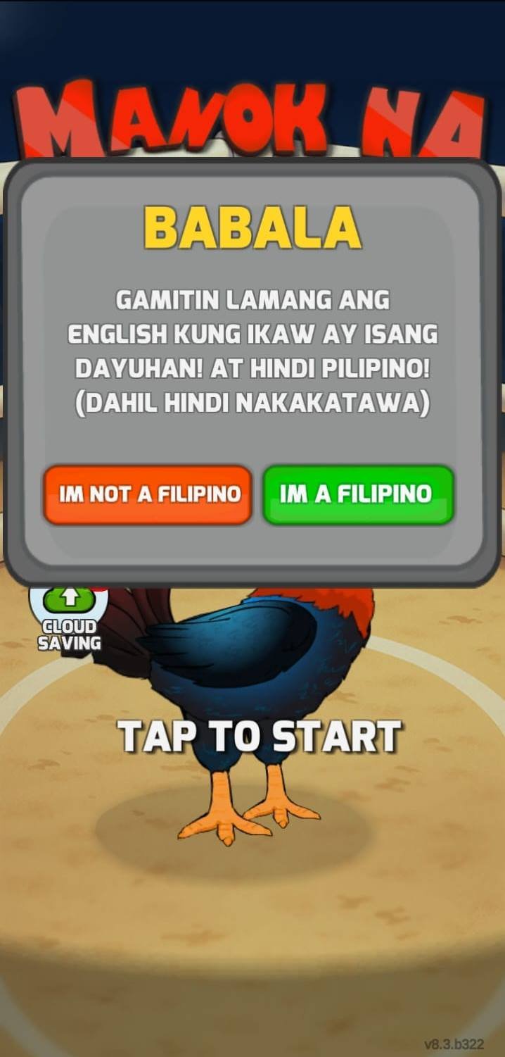 Manok Na Pula first-launch BABALA dialog with Filipino and English language choices